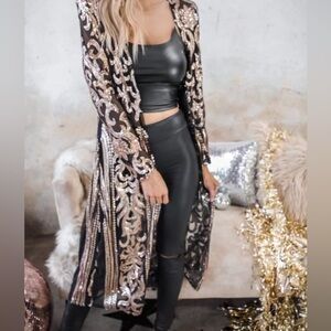 cardigan kimono sheer black brassy gold sequins open front 52” long 26” sle. 23”
